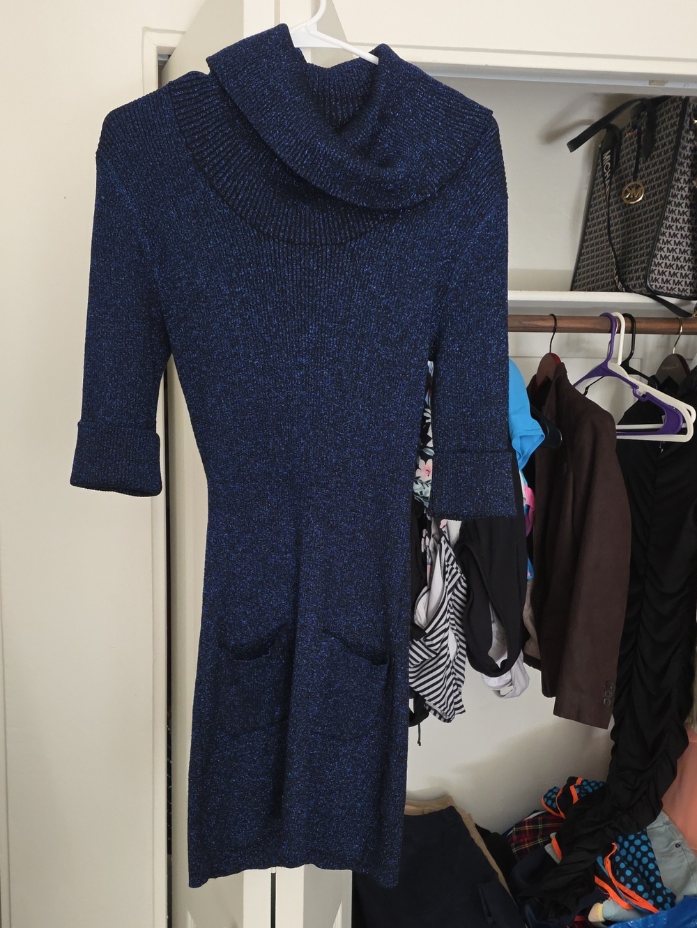 Philosophy Navy Blue Sparkle Midi Dress with Cowl Neck